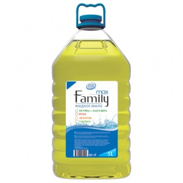 Suyuq sovun MAX FAMILY OLIVES 5 litrli tejamkor qadoqdagi namlovchi ta'sirga ega.
