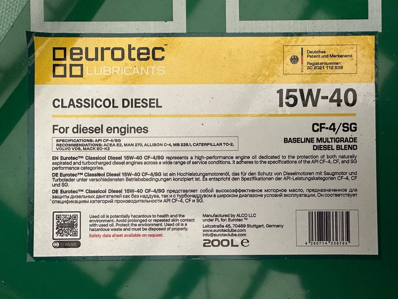 卡车机油 Eurotec classicol DIESEL 15W40 CF-4/SG（200L） — 图片 2