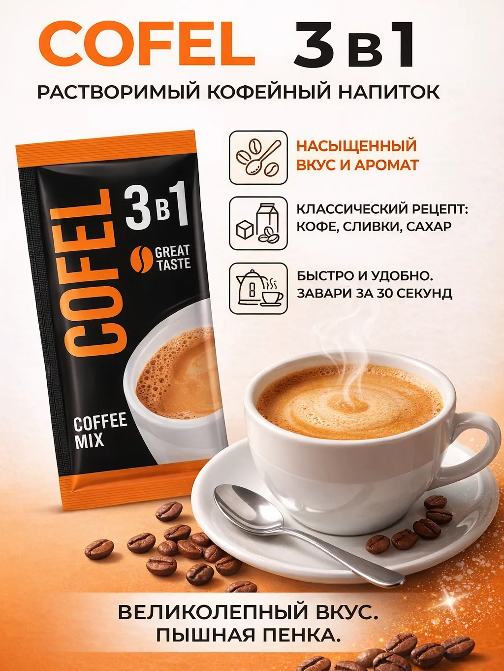 Cofel, Eritma Qahva, 3 tasi 1 da, 2 kg tanlangan sifatli tez tayyorlanadigan qahva