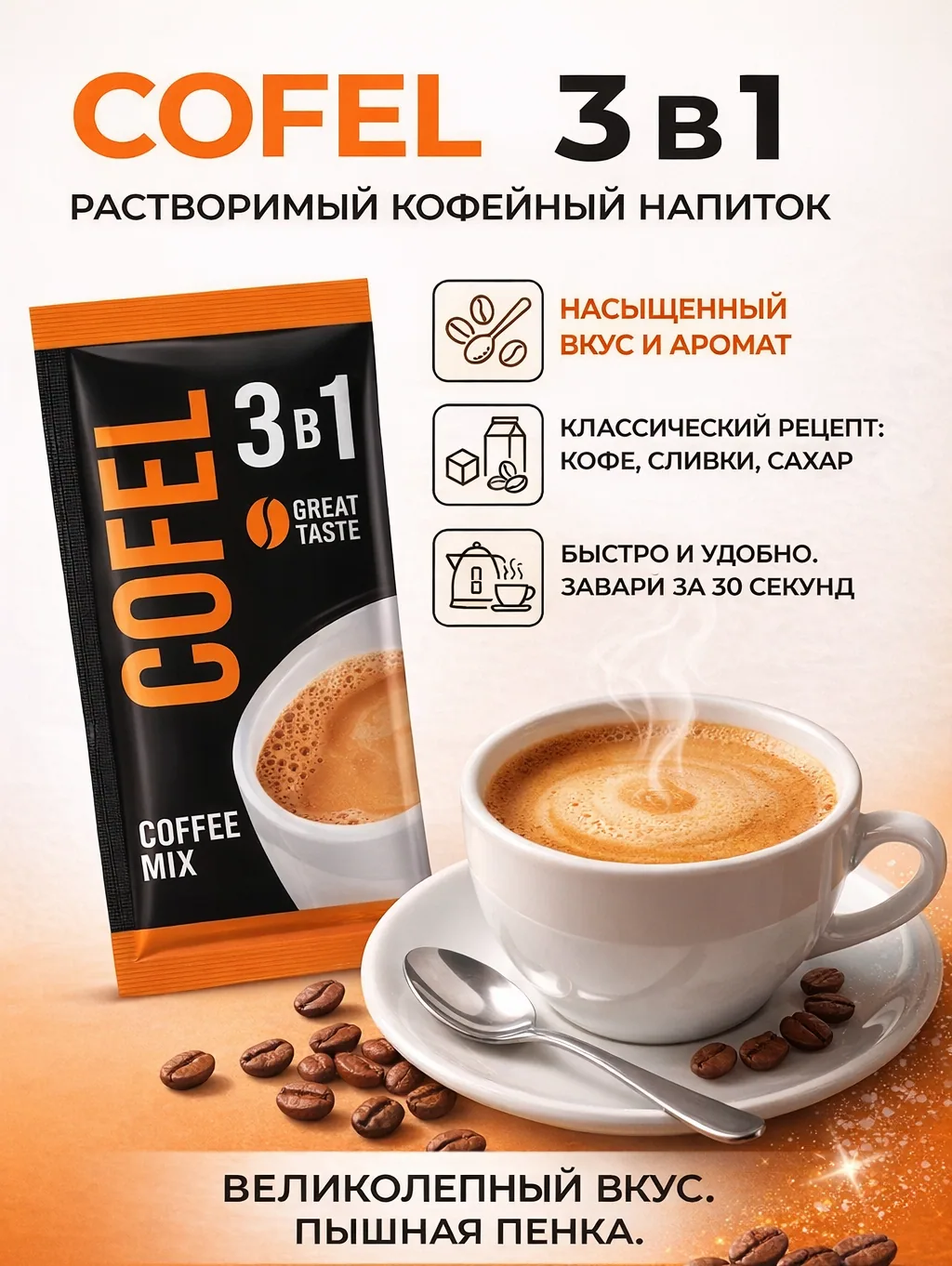 Cofel, Eritma qahva, 3 tasi 1 da, 400 gr tanlangan sifatli tez tayyorlanadigan qahva