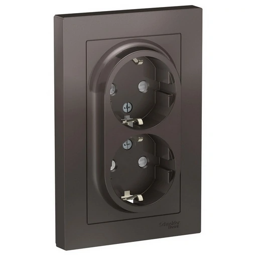 Schneider Atlasdesign-2-Place Socket with Grounding, with Protective Shutters, with Frame, Mocha